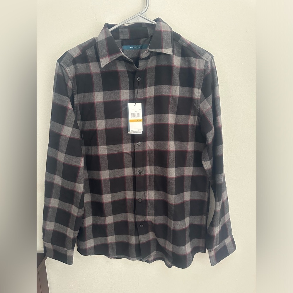 Perry Ellis Gray Black Burgundy Men's Flannel Plaid Button Up